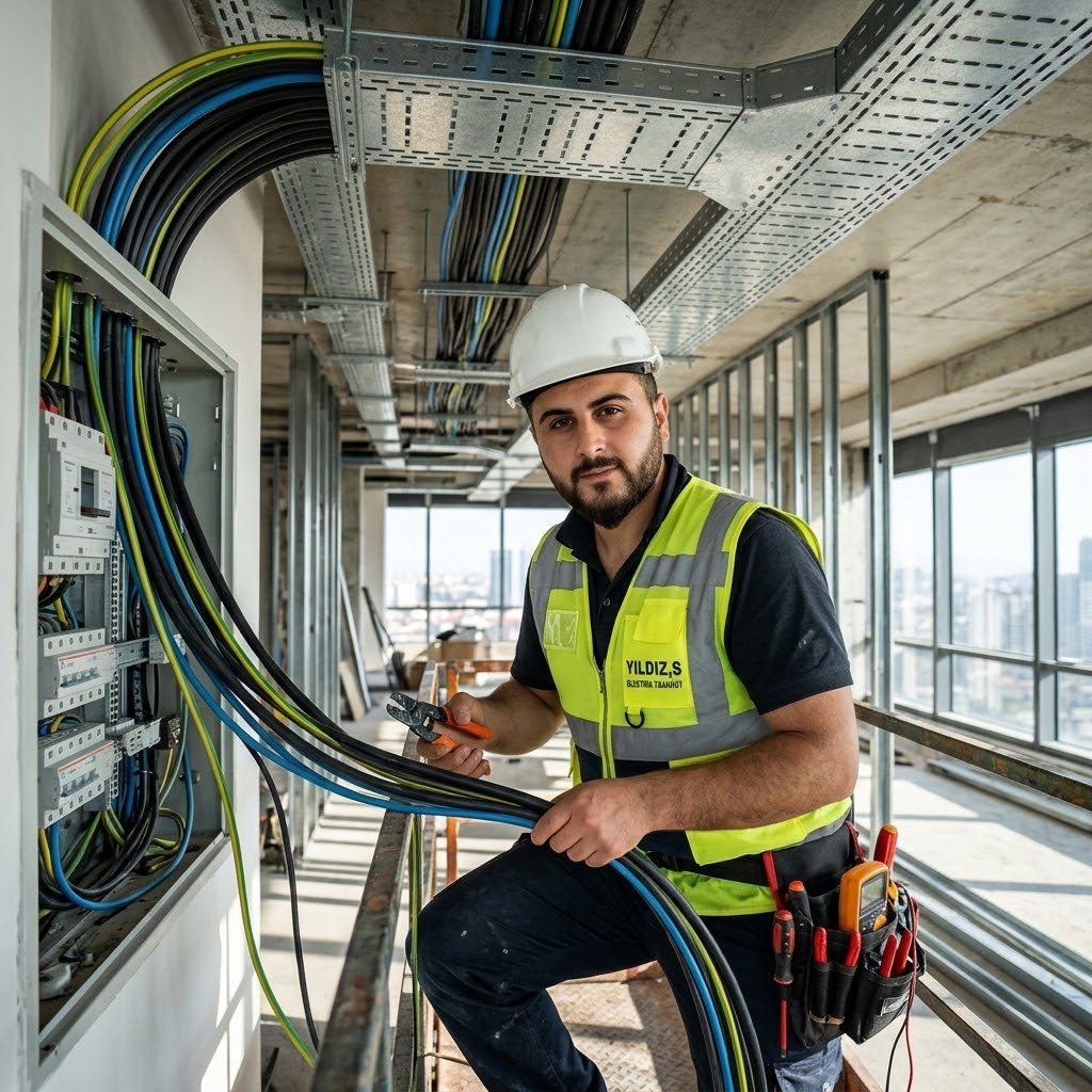 Kablo tavası ve pano bağlantısı üzerinde çalışan teknisyen